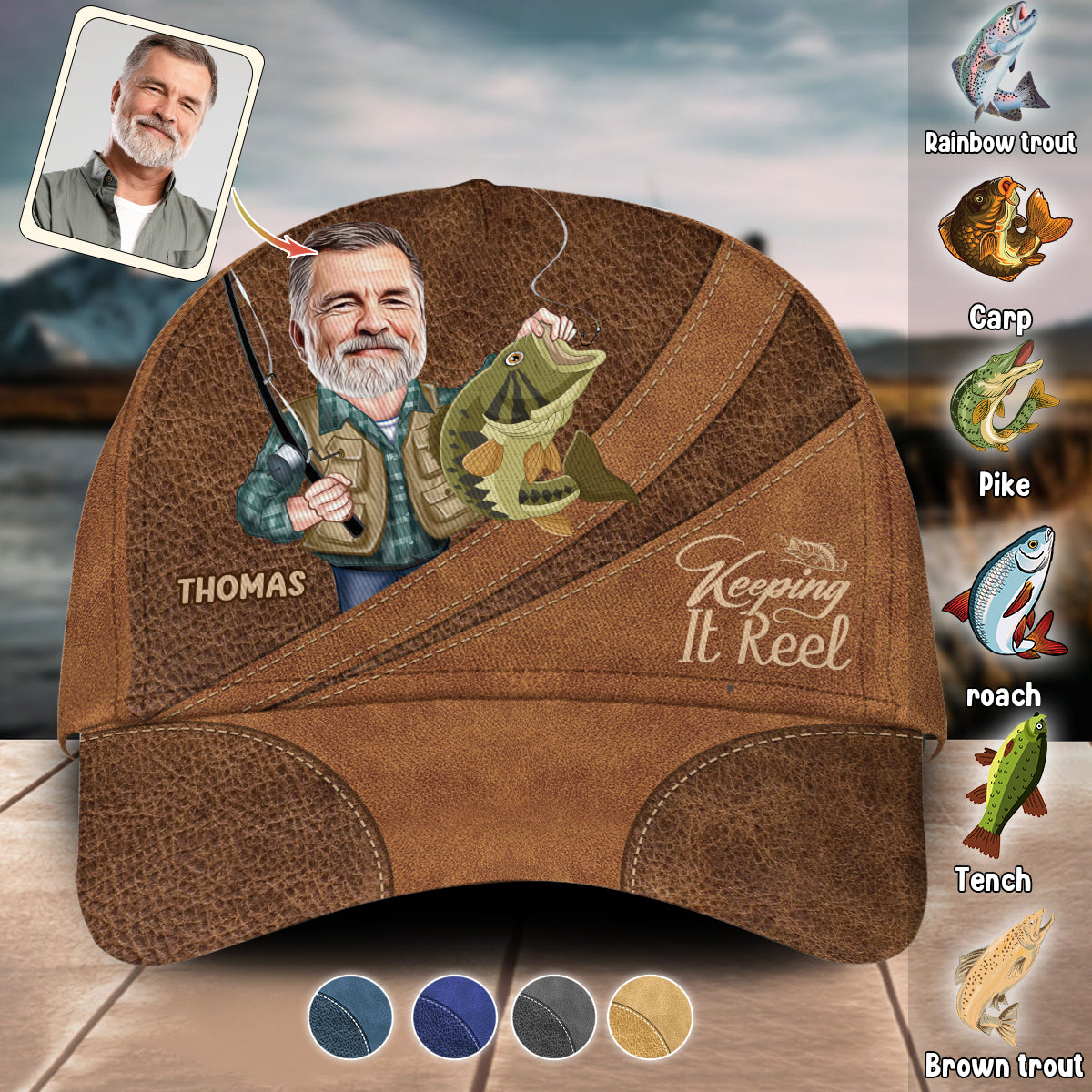 Casquette de pêche classique personnalisée avec photo et motif humoristique « Keeping It Reel »