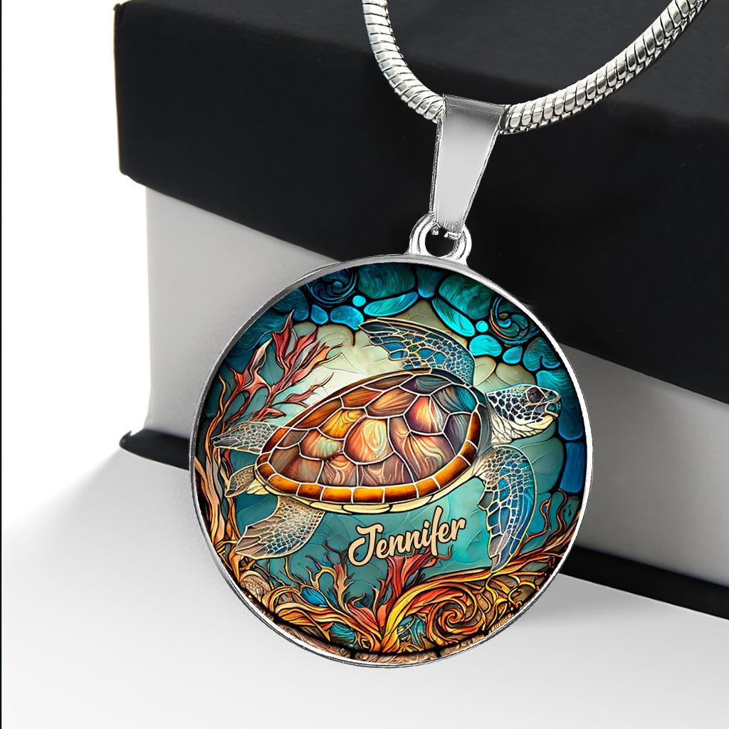 J'adore les tortues - Collier pendentif rond personnalisé en forme de tortue