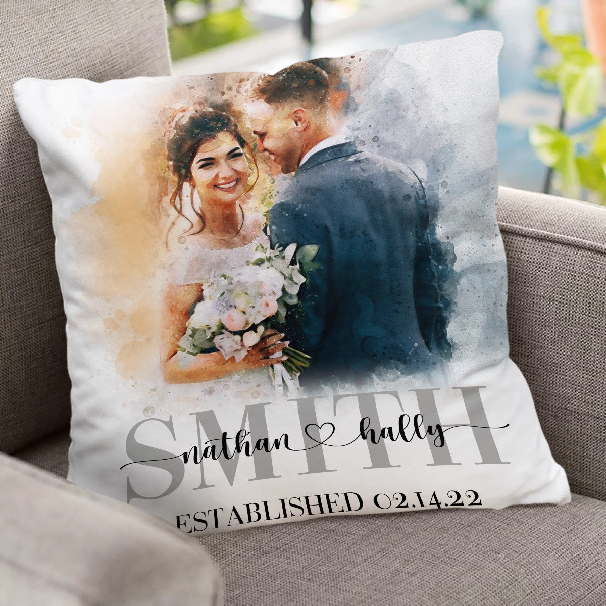 Coussin décoratif de mariage personnalisé avec aquarelle - Cadeau de mariage personnalisé