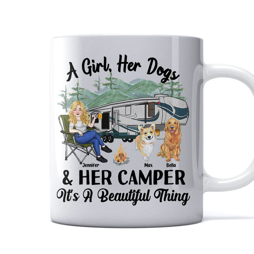 Une fille, son chien et sa caravane - Cadeau de camping pour les amoureux des chiens - Mug personnalisé
