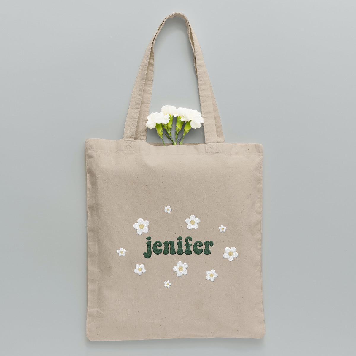 Sac fourre-tout brodé personnalisé avec nom et fleur pour couple