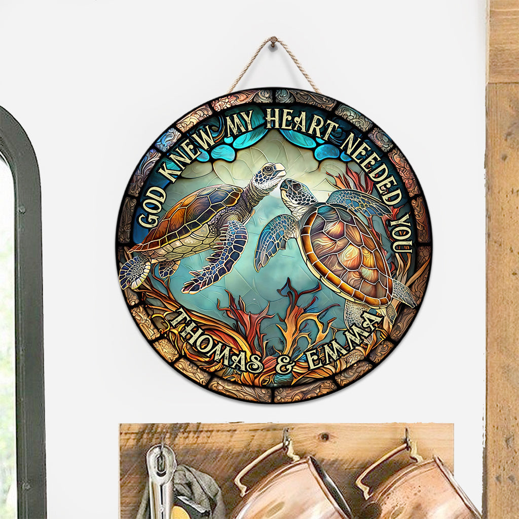 Couple de tortues en vitrail - Cadeau tortue pour mari, femme, petit ami, petite amie - Panneau rond en bois personnalisé