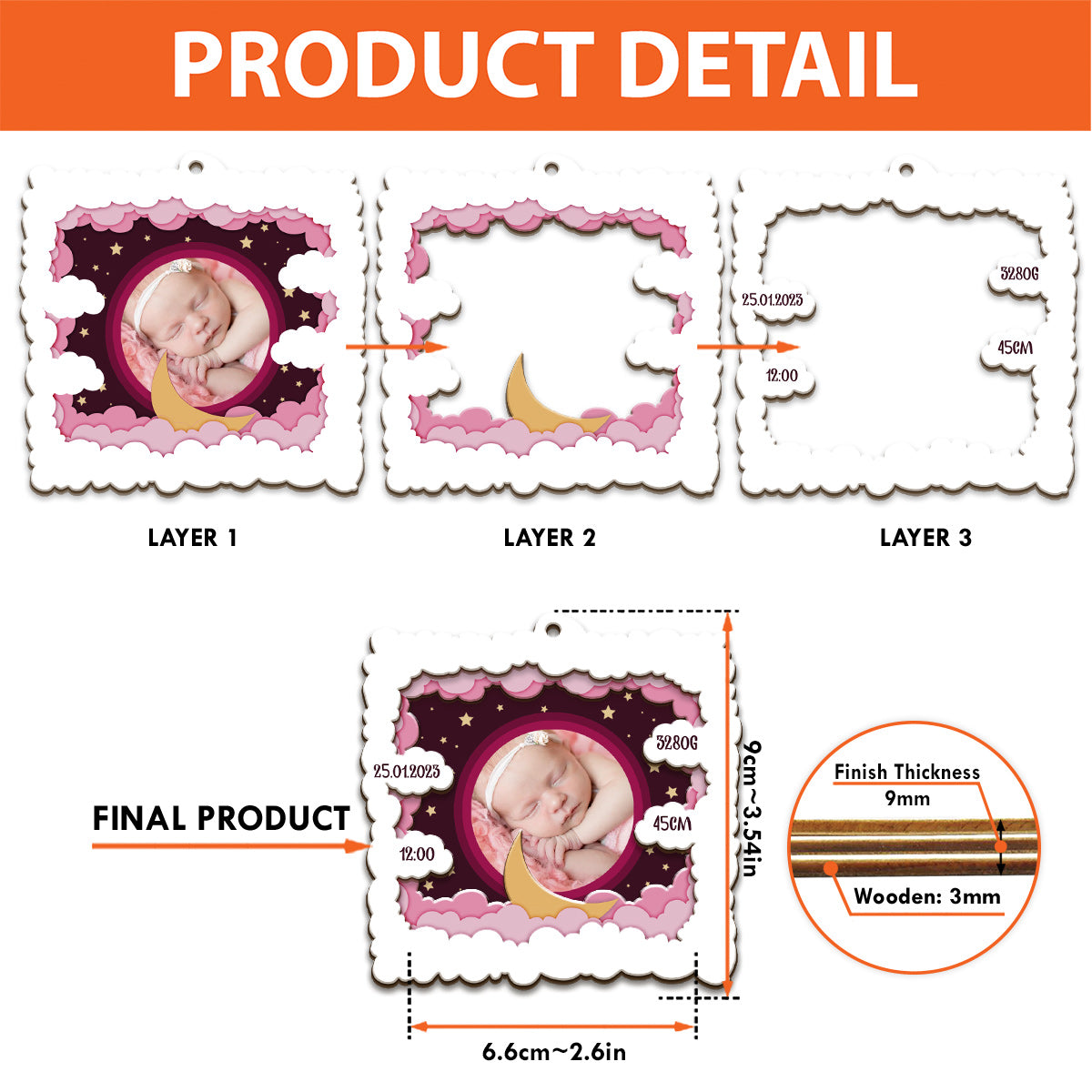 Photo de bébé personnalisée - Cadeau de naissance - Ornement en bois personnalisé à 3 niveaux