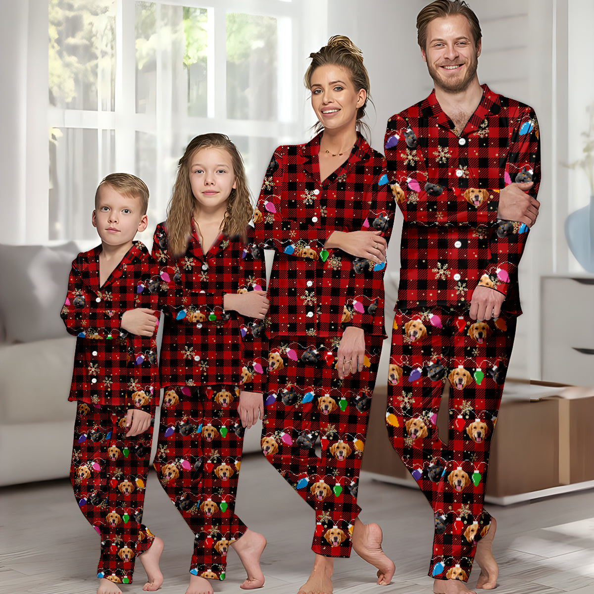 Guirlande lumineuse de Noël avec adorables visages de chiens et de chats - Cadeau pour les amoureux des chiens et des chats - Pyjama à boutons personnalisé