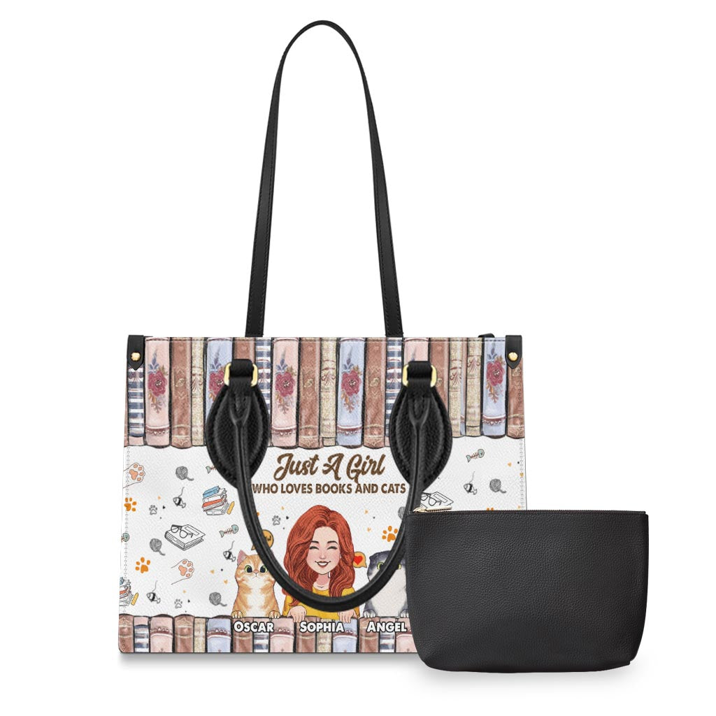 Sac à main en cuir personnalisé « J’aime les livres et les chats »