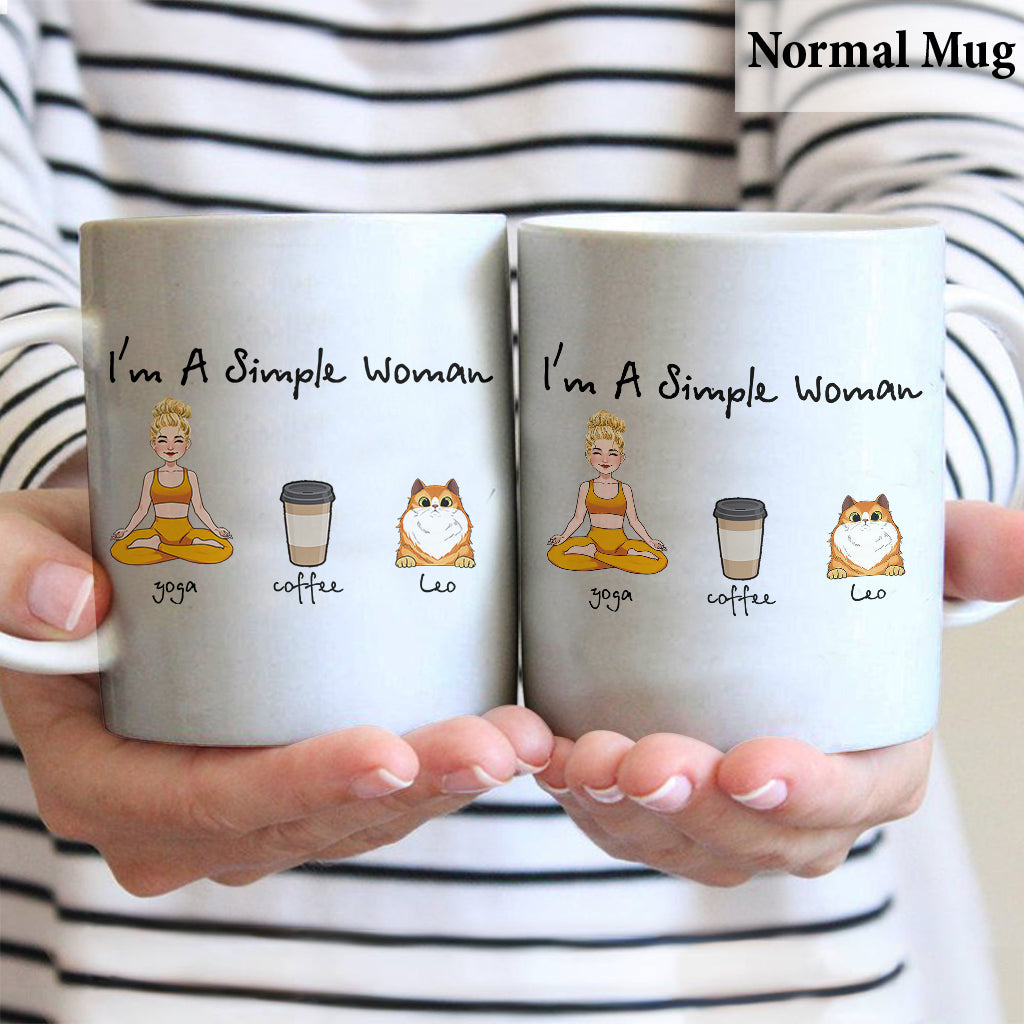Je suis une femme simple - Mug personnalisé, cadeau de yoga pour les amoureux des chiens et des chats