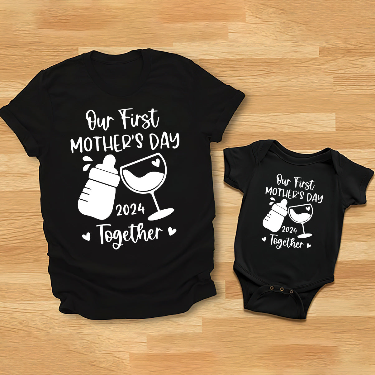 Our 1st First Mother's Day Together Milk And Wine - Personalized Mother T-shirt And Baby Onesie