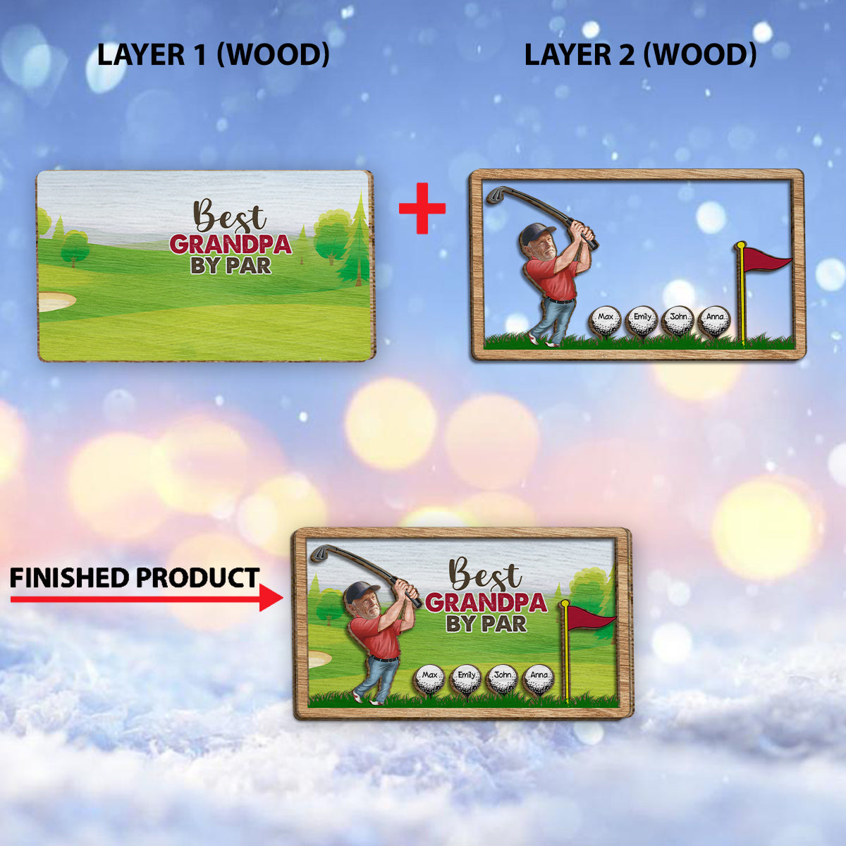 Meilleur grand-père selon le par - Plaque de bois personnalisée à 2 couches sur le thème du golf