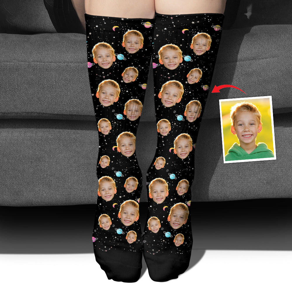 Chaussettes personnalisées pour petit-fils - Visage personnalisé Galaxy