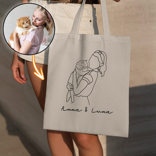 Sac fourre-tout brodé personnalisé avec photo au trait et motif chat