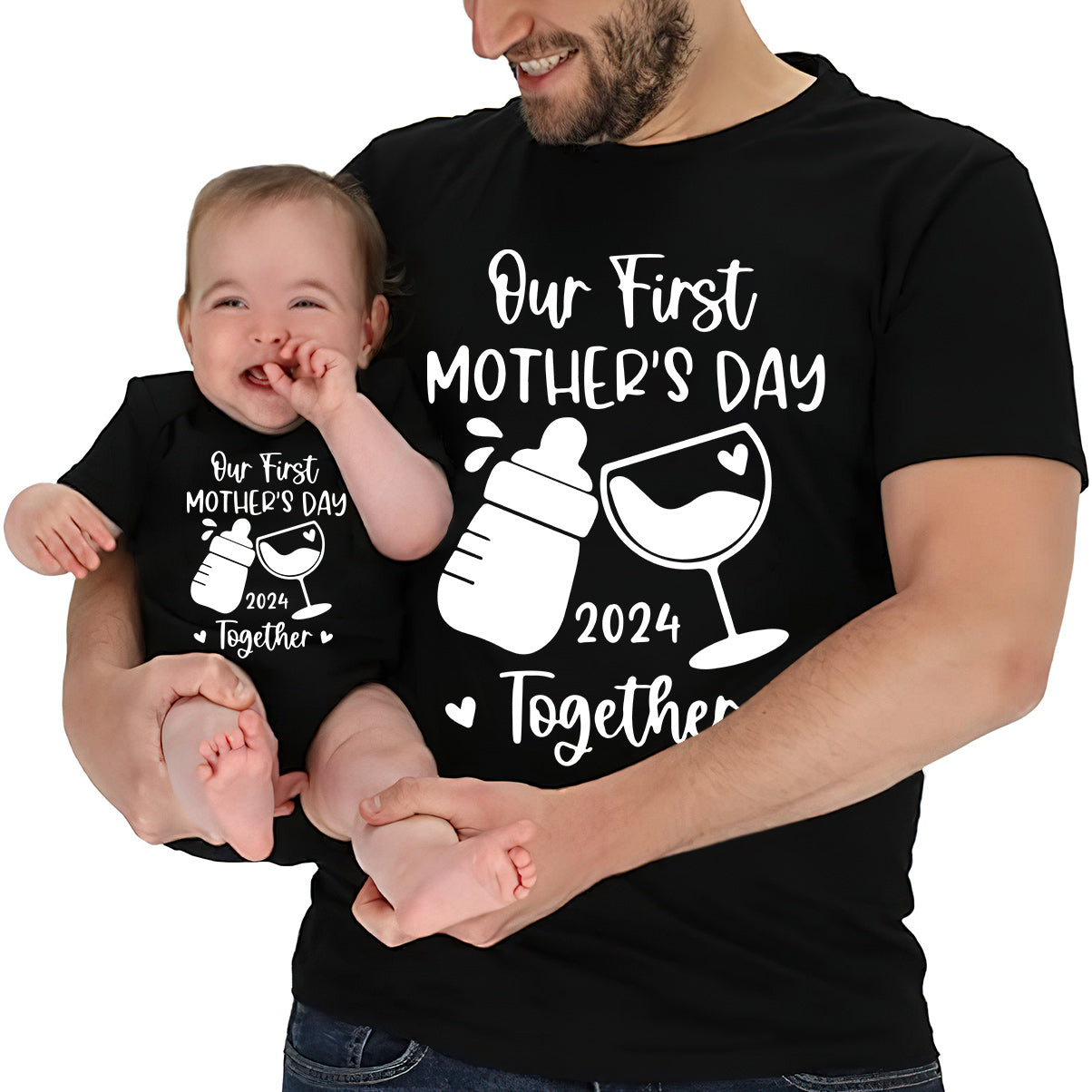 Our 1st First Mother's Day Together Milk And Wine - Personalized Mother T-shirt And Baby Onesie