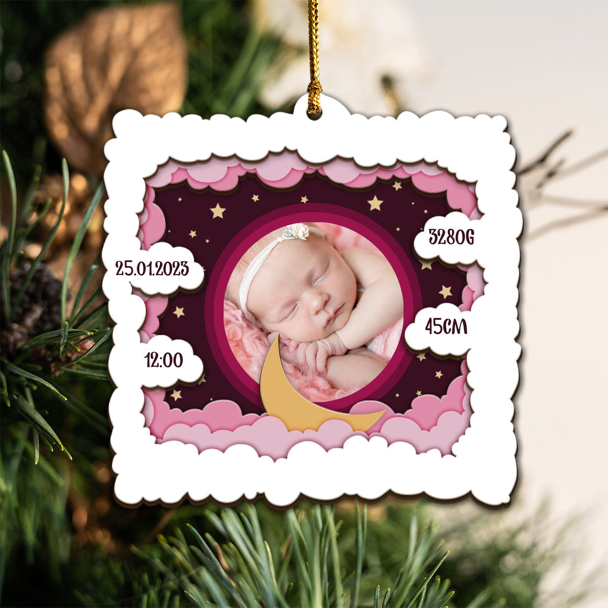 Photo de bébé personnalisée - Cadeau de naissance - Ornement en bois personnalisé à 3 niveaux