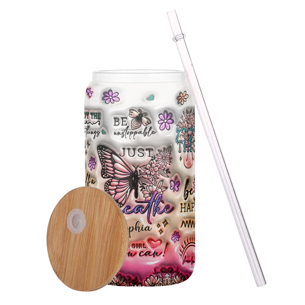 Positive Affirmations Butterfly - Personalized Butterfly Can Glass