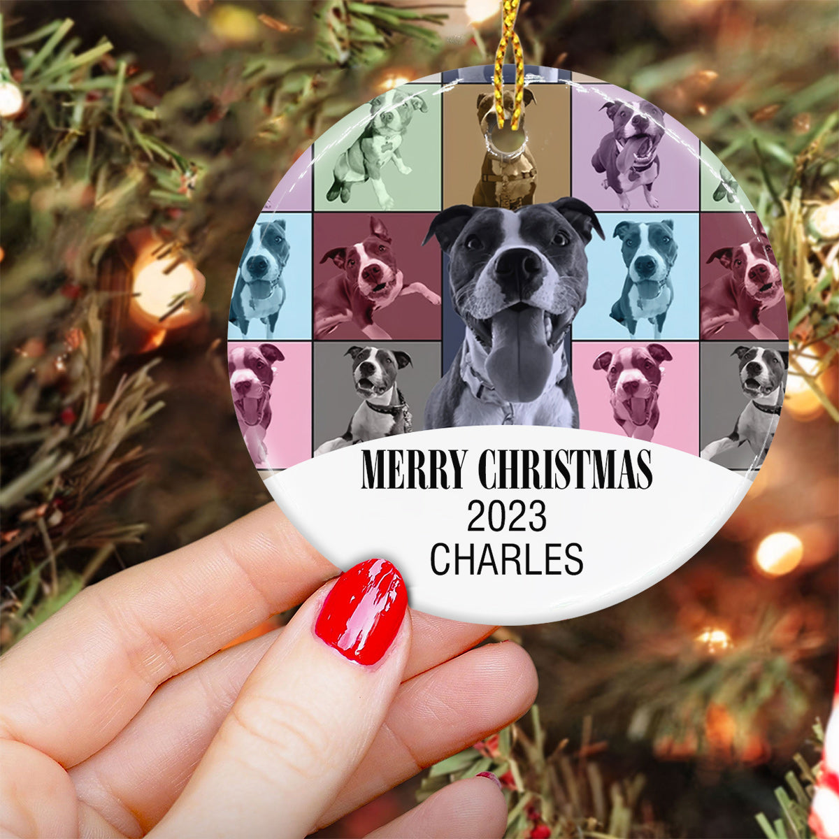 Merry Christmas Version - Personalized Dog Ceramic Circle Ornament
