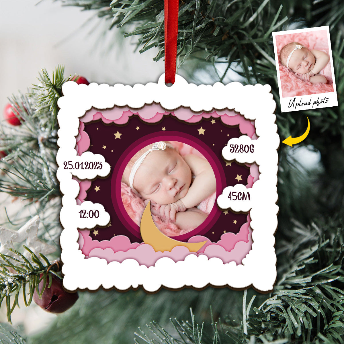 Photo de bébé personnalisée - Cadeau de naissance - Ornement en bois personnalisé à 3 niveaux