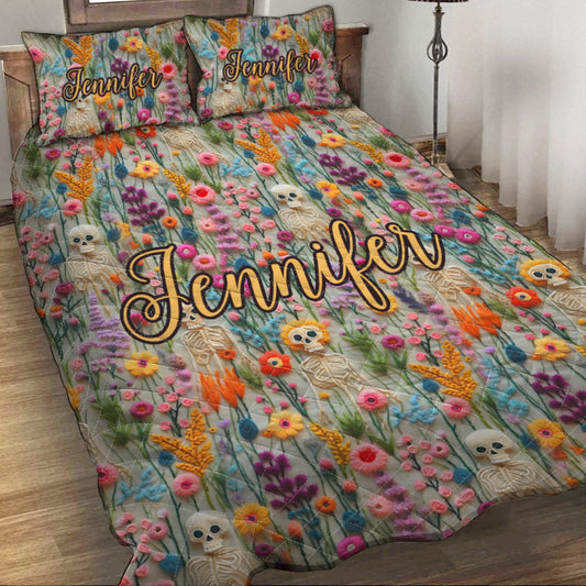 Ensemble de courtepointe personnalisé Squelette Floral - Tête de mort