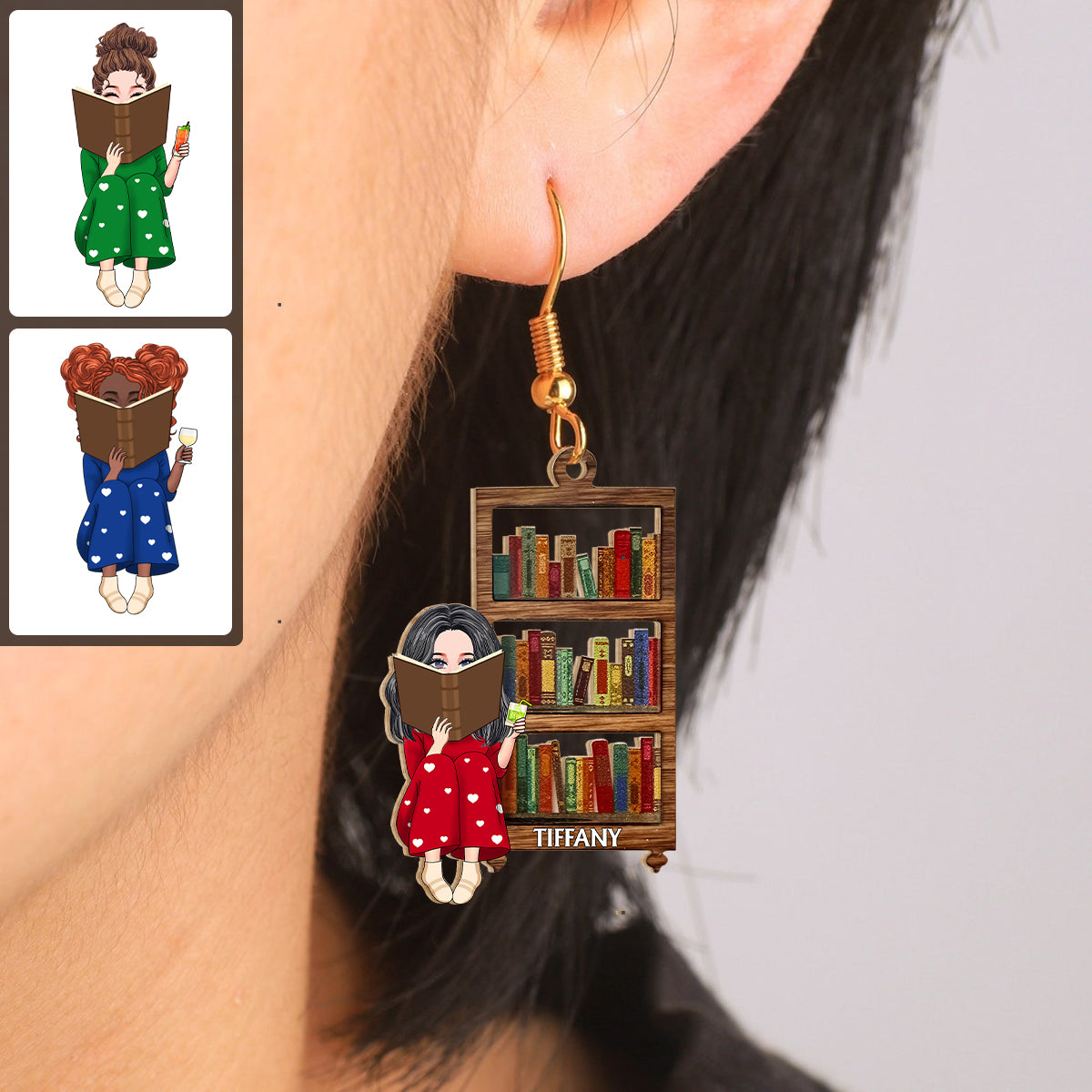 Boucles d'oreilles personnalisées avec portrait pour les amoureux des livres - Boucles d'oreilles en bois personnalisées avec un livre