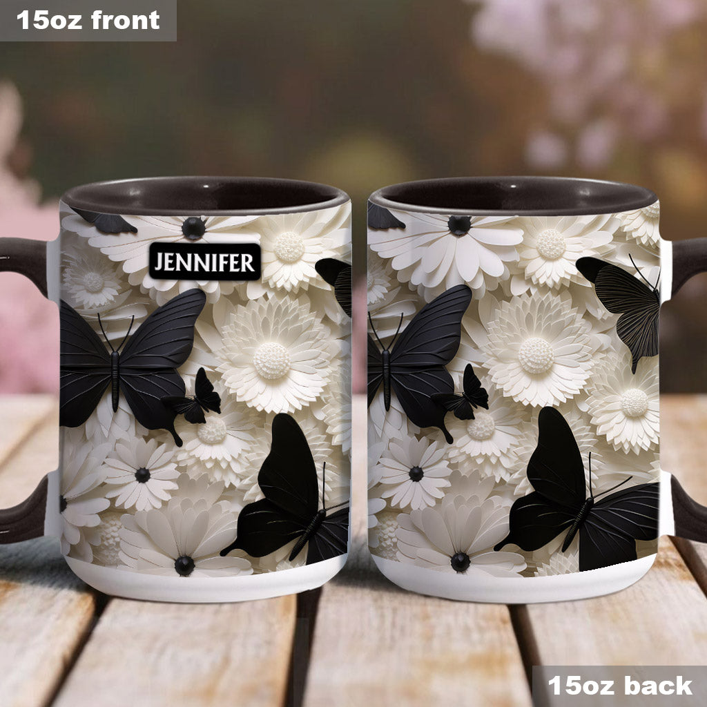 Elegant Black And White Butterflies And Flowers - Personalized Butterfly Accent Mug
