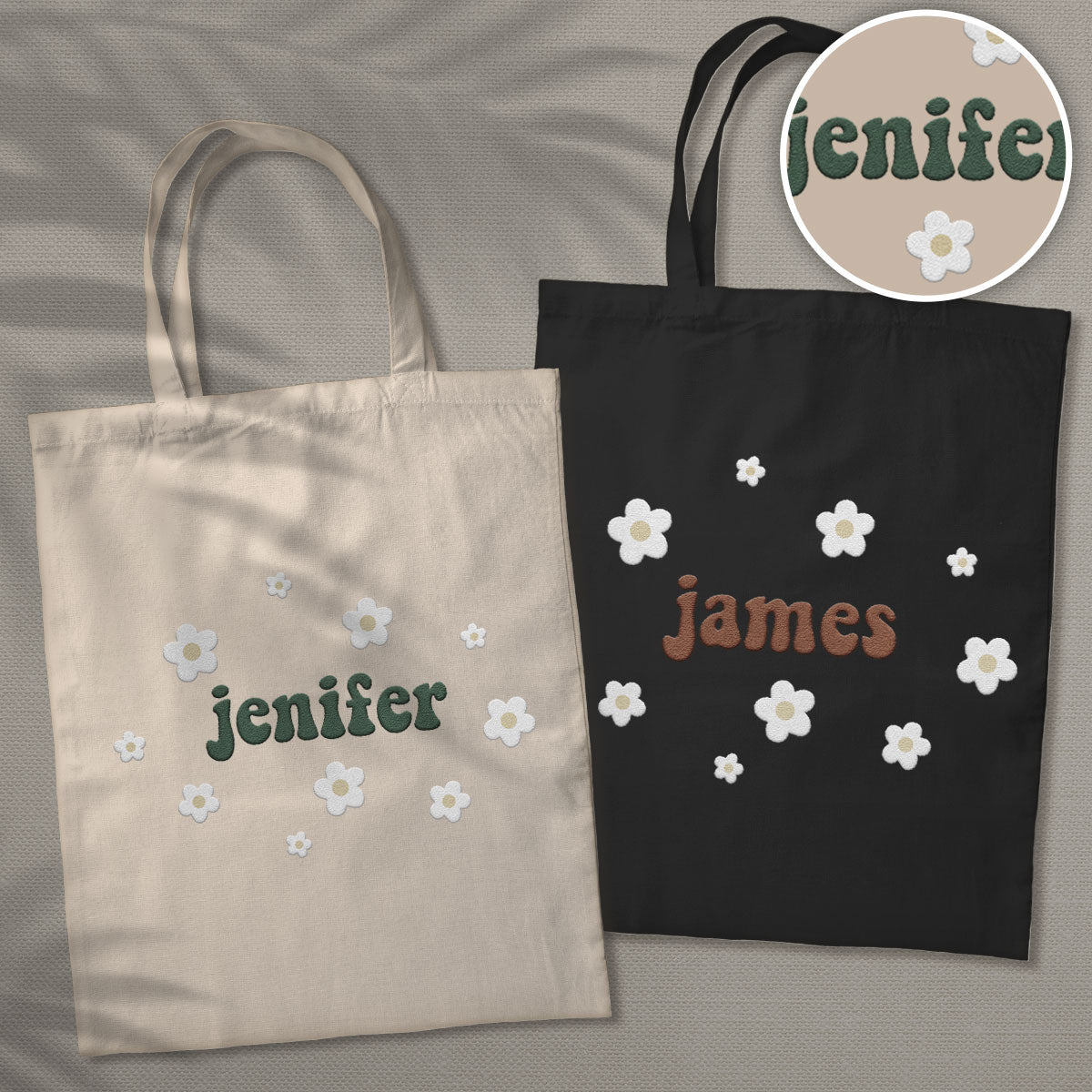 Sac fourre-tout brodé personnalisé avec nom et fleur pour couple