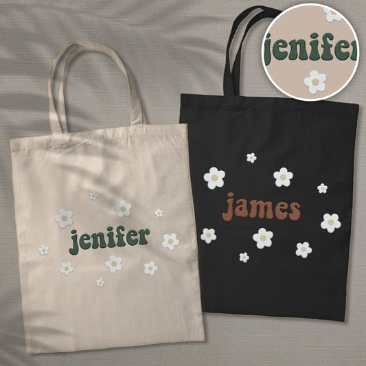 Sac fourre-tout brodé personnalisé avec nom et fleur pour couple