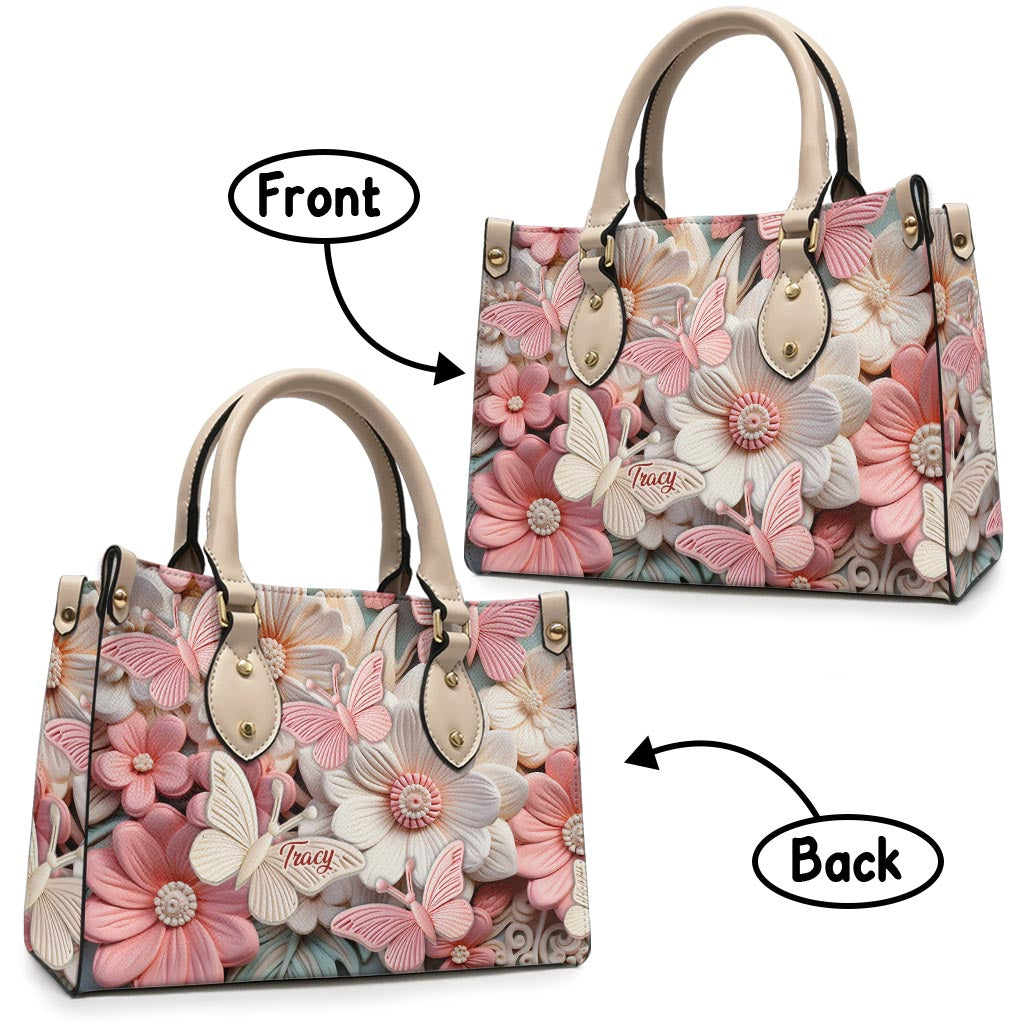 Papillons et fleurs - Sac à main en cuir personnalisé avec papillon