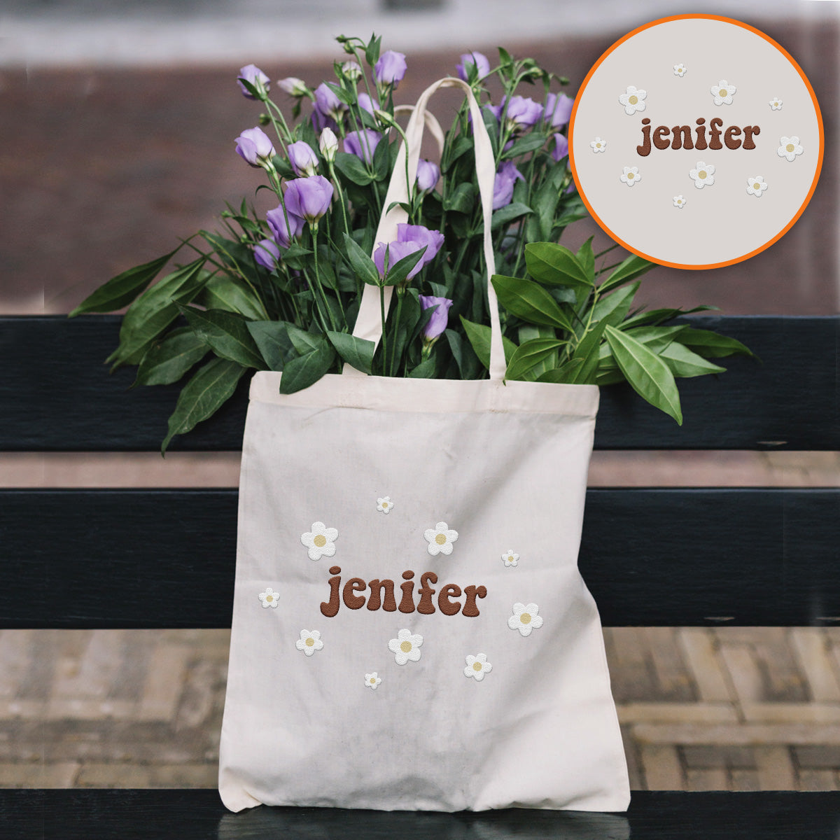 Sac fourre-tout brodé personnalisé avec nom et fleur - Sac fourre-tout brodé personnalisé pour frère/sœur