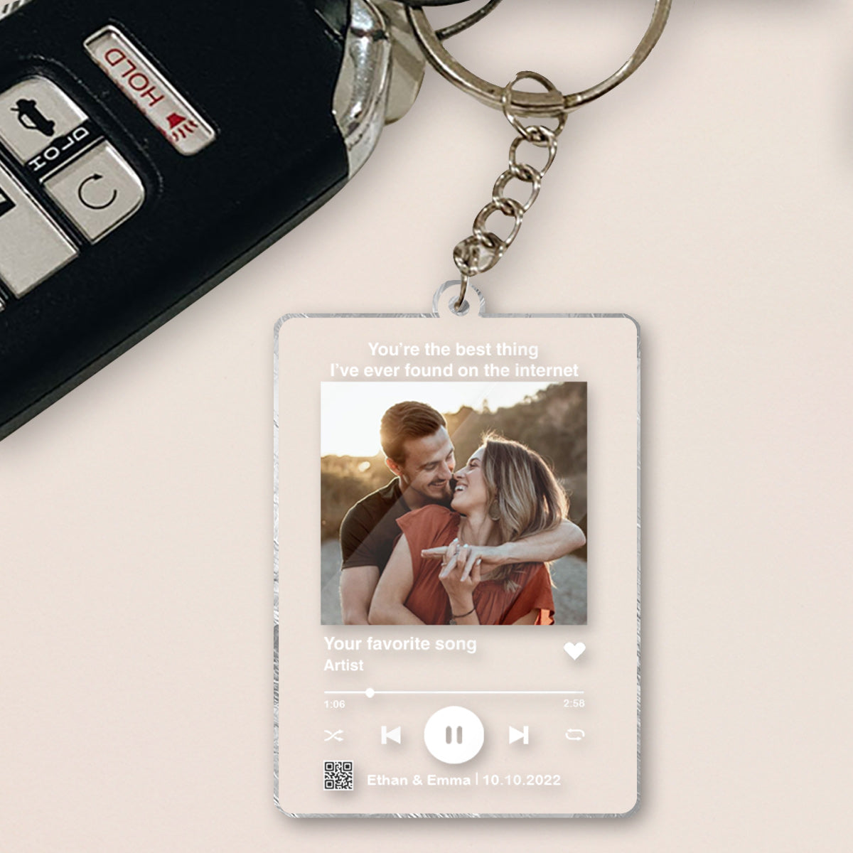 Porte-clés transparent personnalisé pour couple avec photo et chanson préférée (code QR scannable)