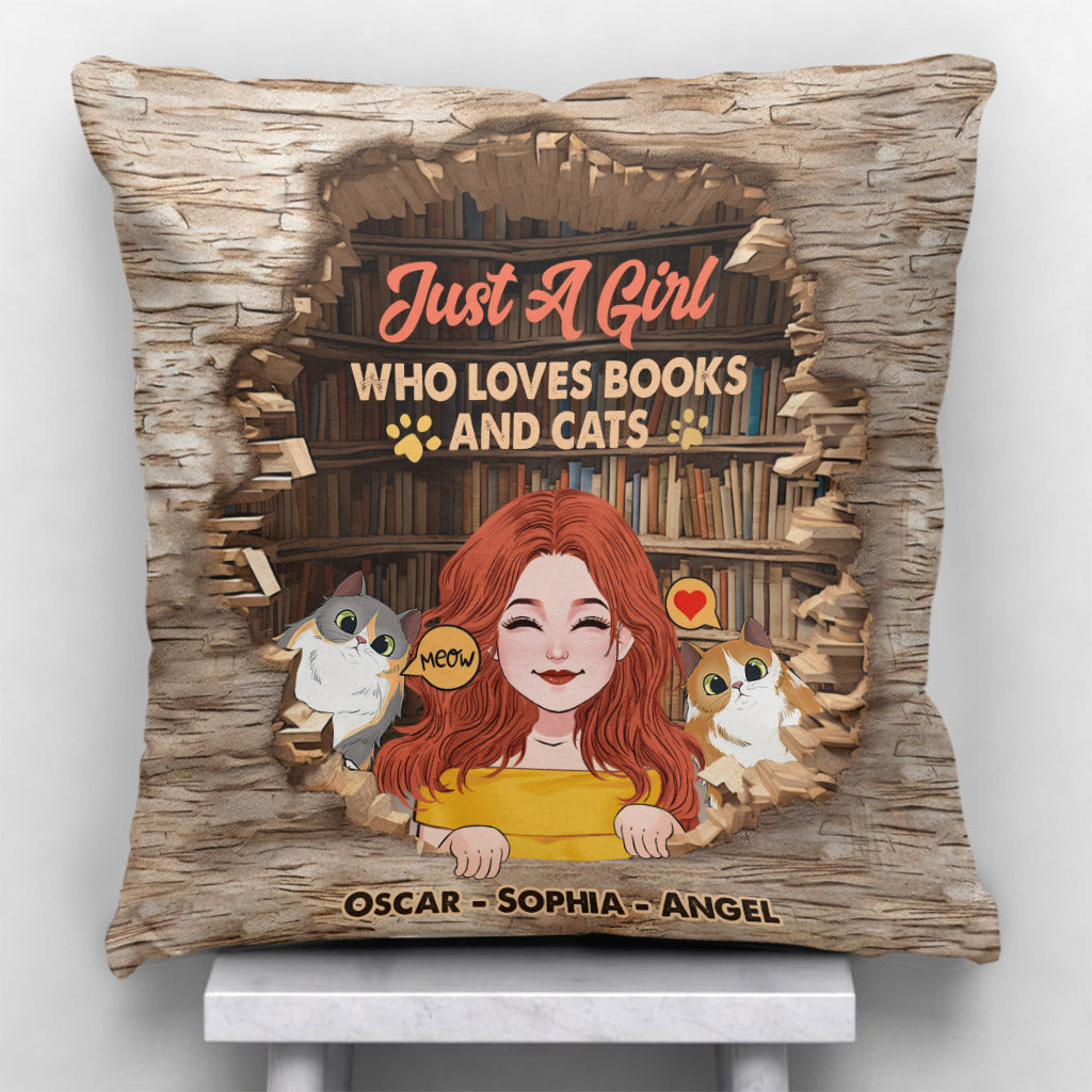 Coussin décoratif personnalisé « J’aime les livres et les chats »