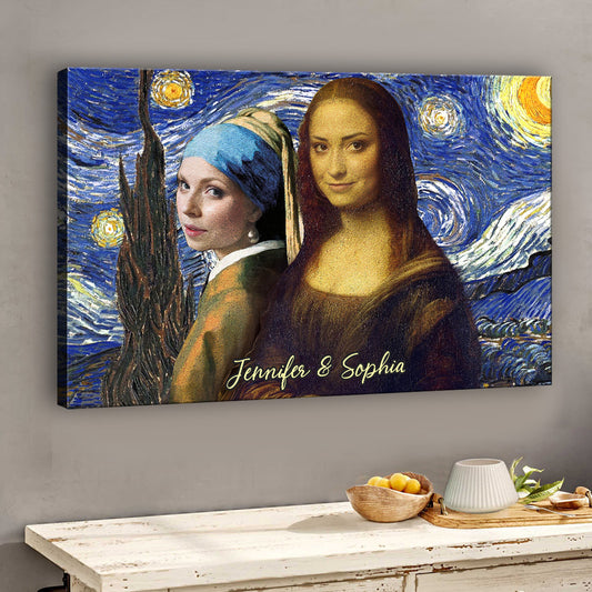 Selfie entre meilleures amies - Toile et affiche personnalisées « La fille de la Joconde aux boucles d'oreilles en perles » - Modèle Mona Lisa