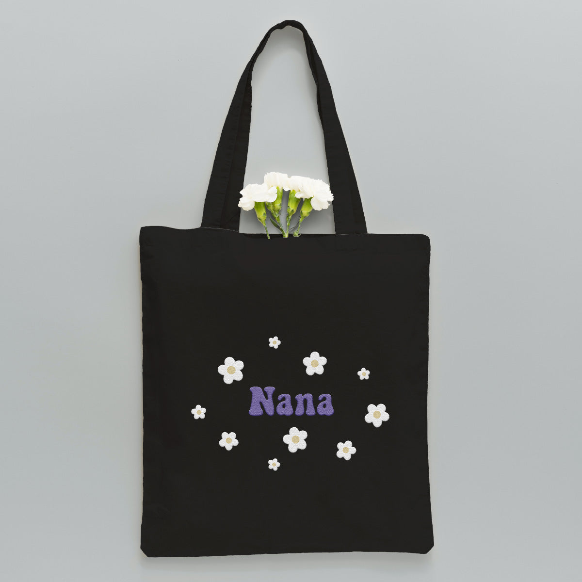 Sac fourre-tout brodé personnalisé avec nom et fleur - Nom de grand-mère - Sac fourre-tout brodé personnalisé