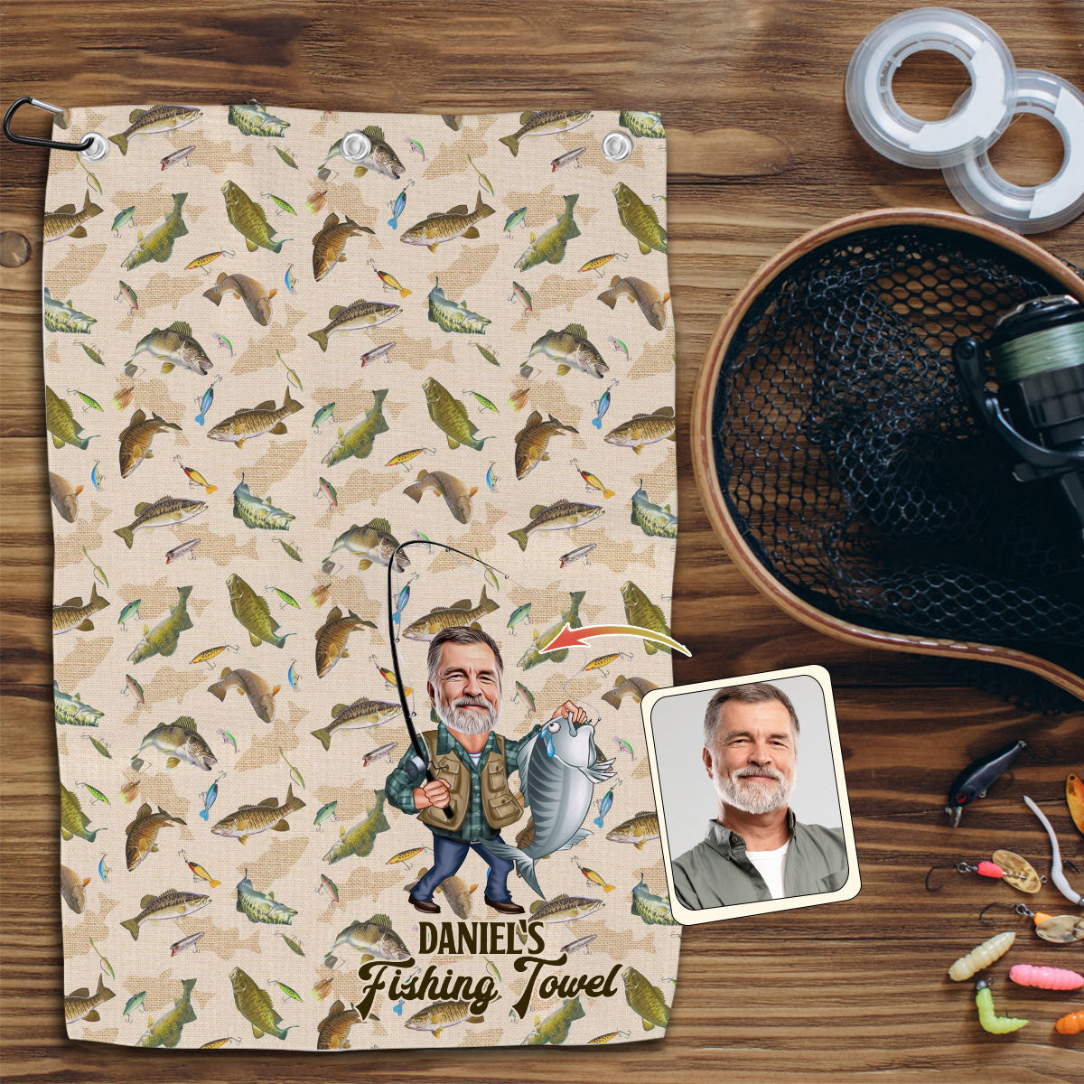 Serviette de pêche personnalisée avec photo humoristique - Serviette de pêche humoristique
