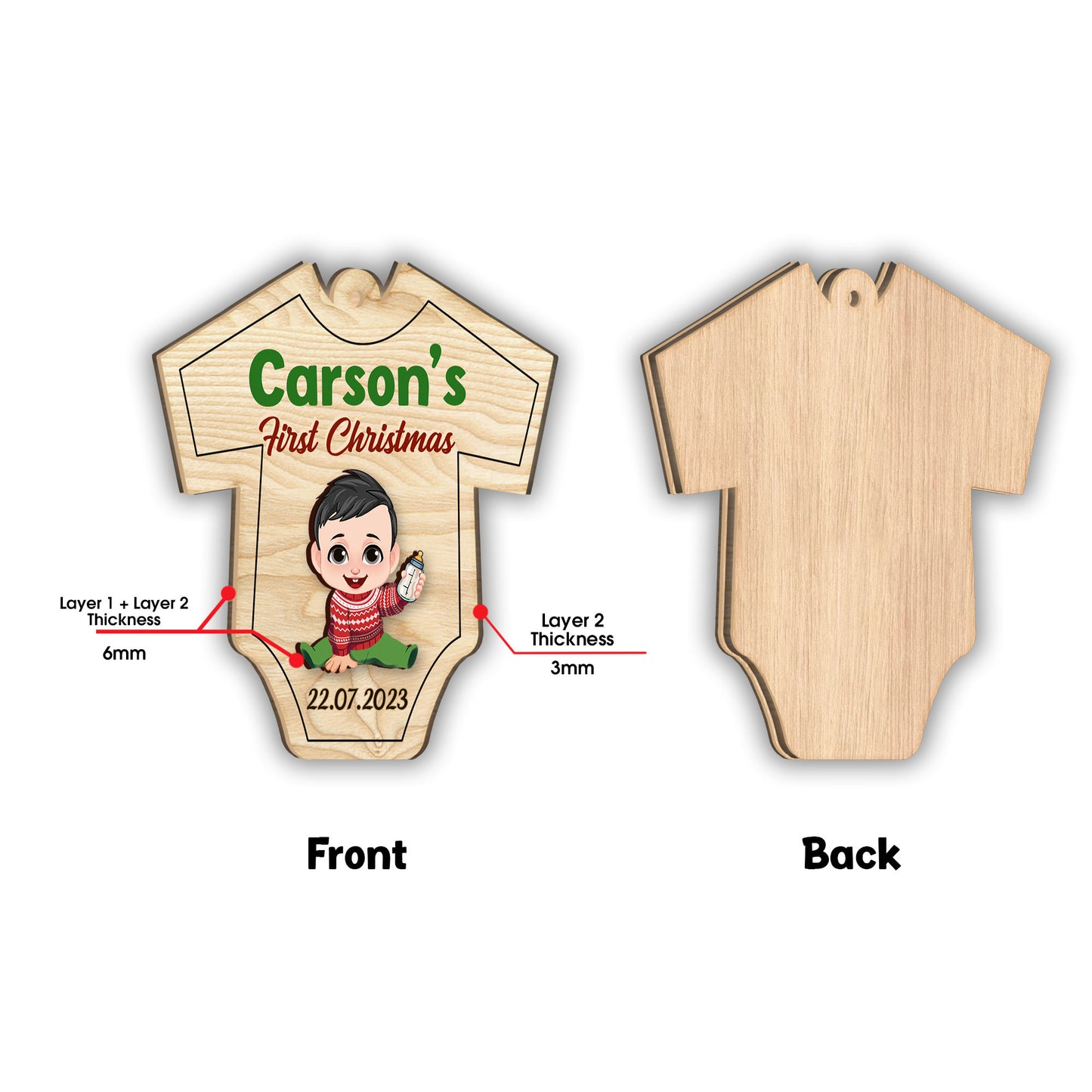 Le Premier Noël - Ornement personnalisé pour nouveau-né en 2 parties superposées