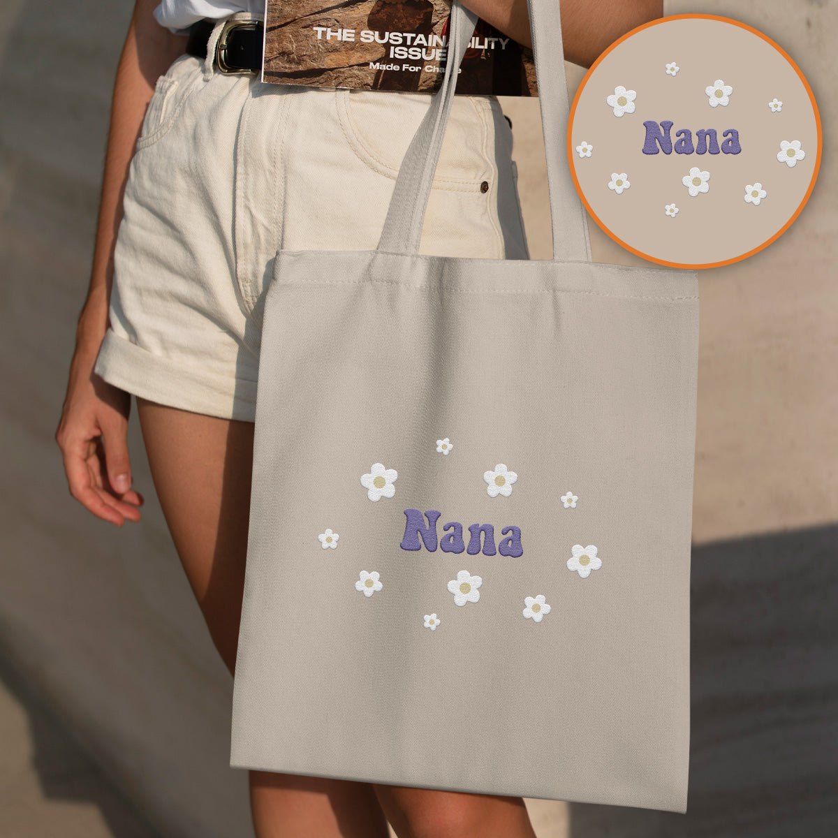 Sac fourre-tout brodé personnalisé avec nom et fleur - Nom de grand-mère - Sac fourre-tout brodé personnalisé