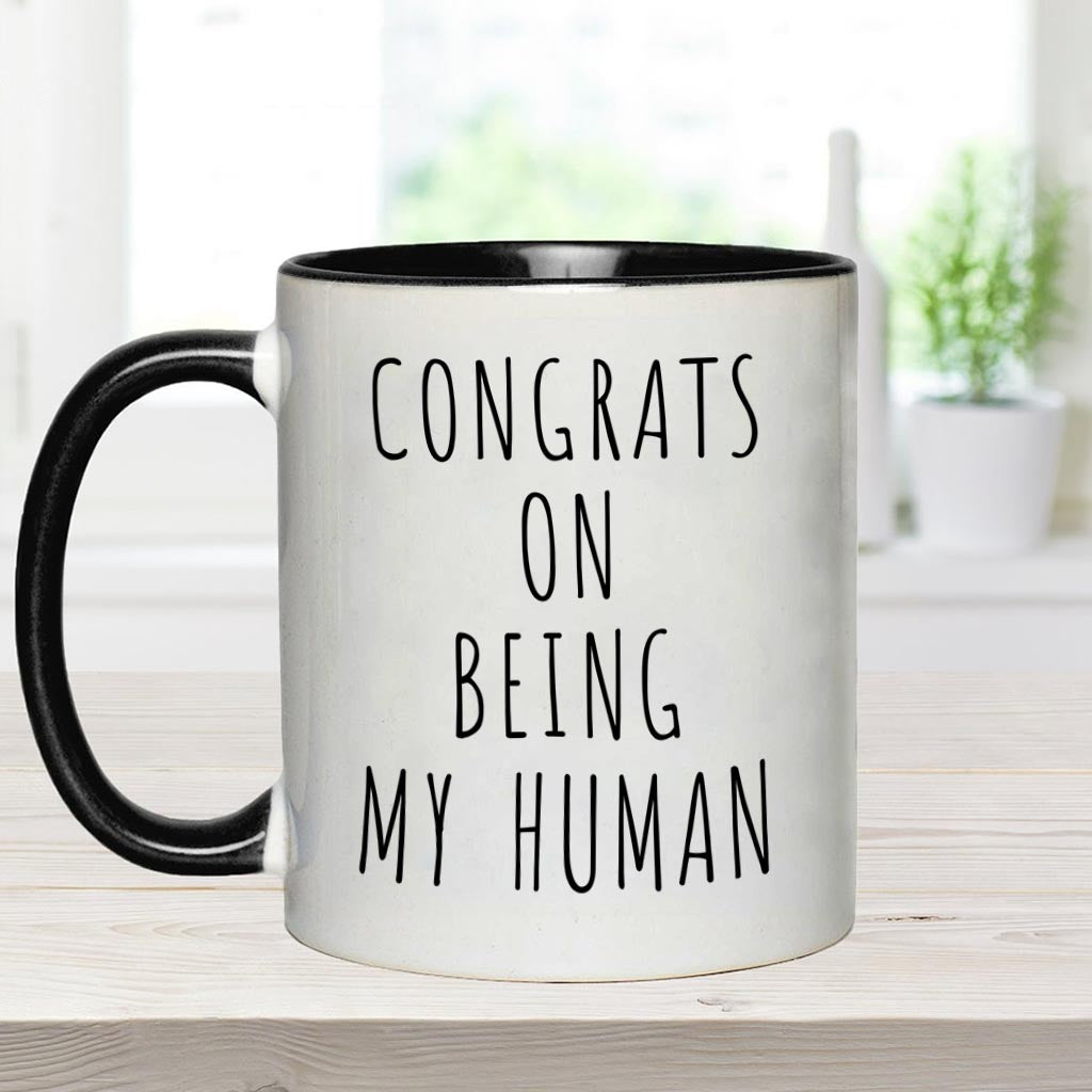 Félicitations pour être mon humain ! – Mug personnalisé avec motif chien