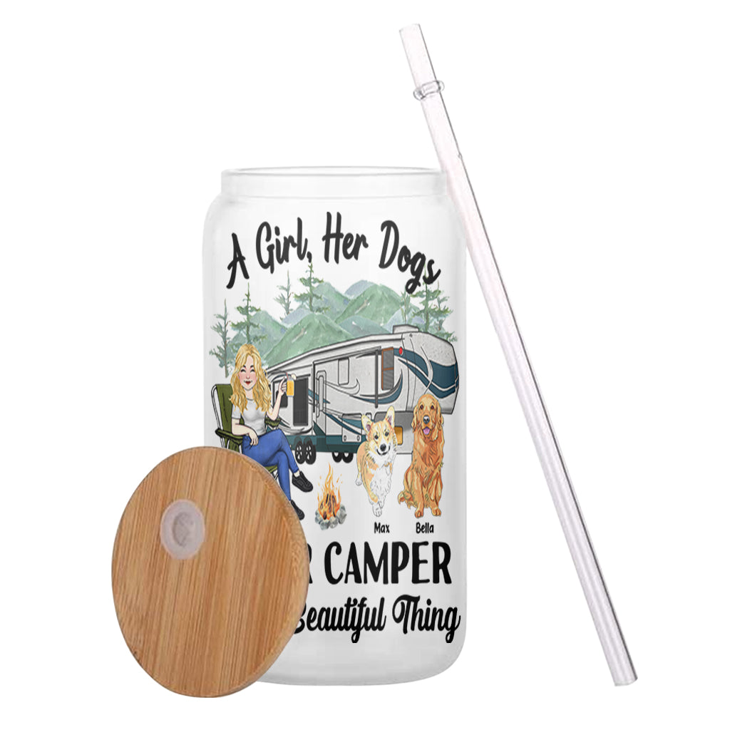 A Girl Her Dog And Her Camper - Camping gift for dog lover - Personalized Can Glass