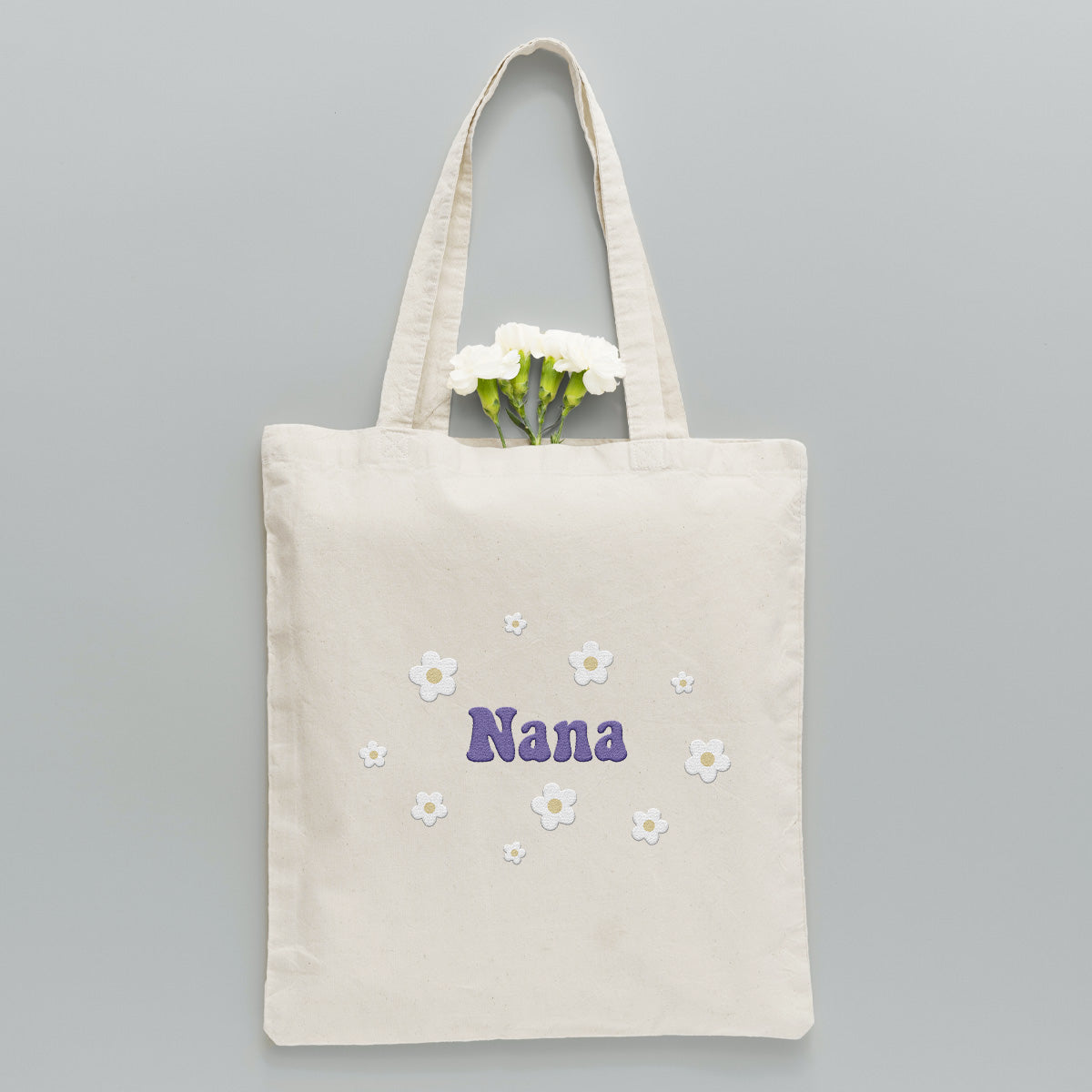 Sac fourre-tout brodé personnalisé avec nom et fleur - Nom de grand-mère - Sac fourre-tout brodé personnalisé