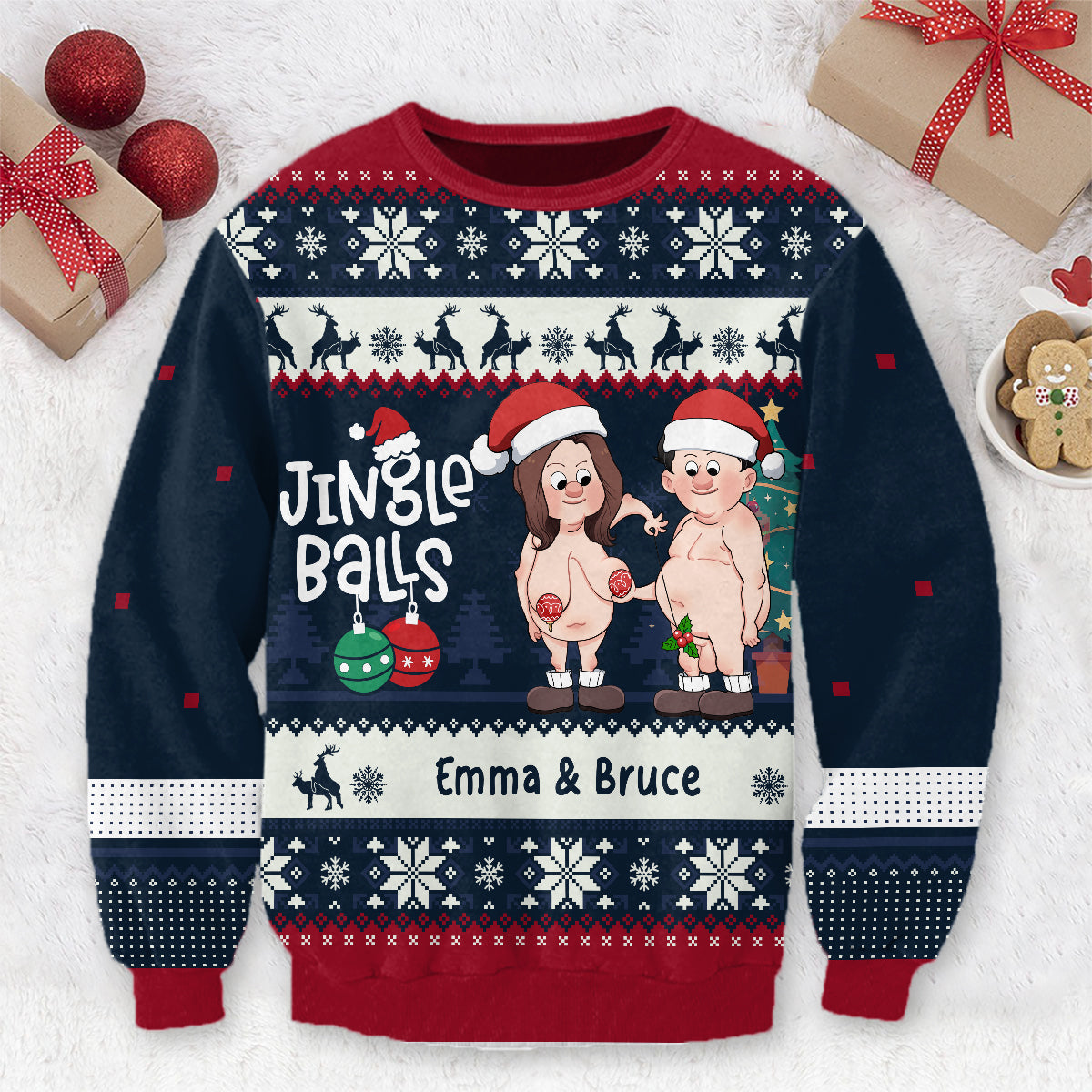 Boules de Noël et seins en guirlande - Pull moche personnalisé pour couple