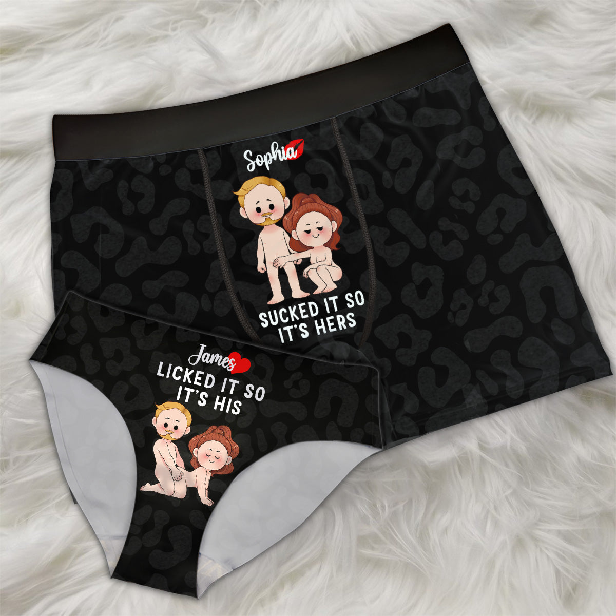 Elle l'a sucé, donc il est à elle ; il l'a léché, donc il est à lui – Culottes personnalisées pour couples (femme) et boxers pour hommes