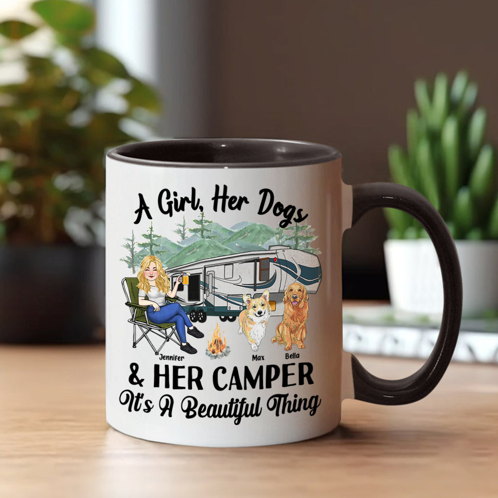 Une fille, son chien et sa caravane - Cadeau de camping pour les amoureux des chiens - Mug personnalisé