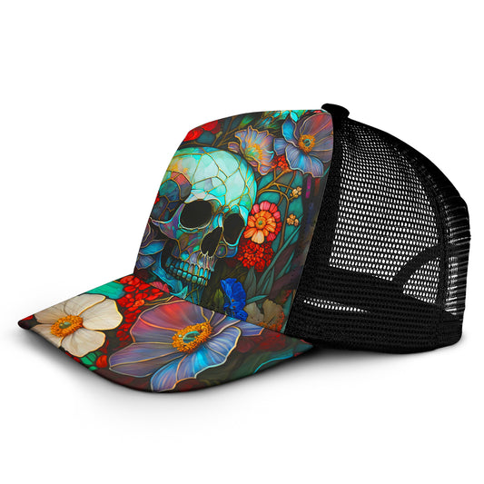 Casquette trucker personnalisée à motif tête de mort florale