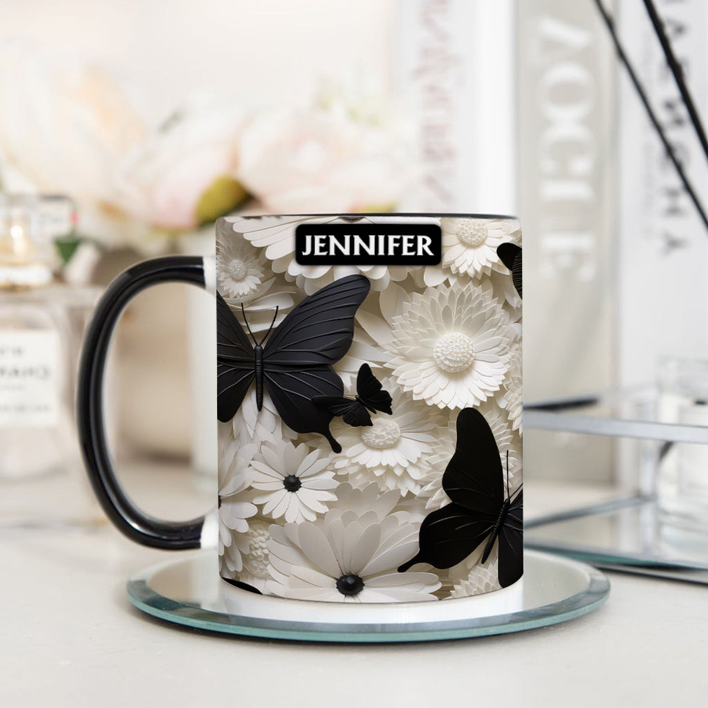 Elegant Black And White Butterflies And Flowers - Personalized Butterfly Accent Mug