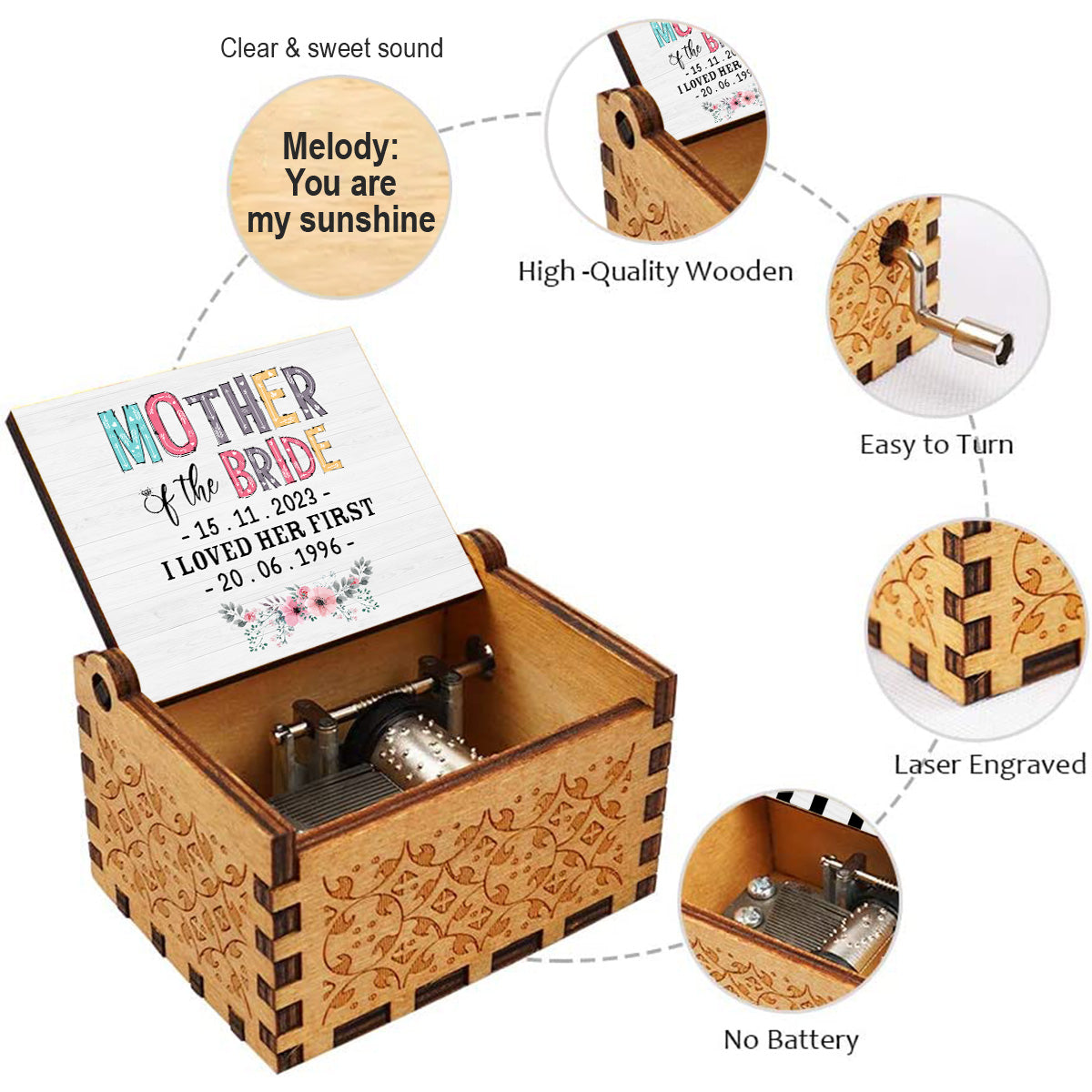 Boîte à musique à manivelle personnalisée pour la mère de la mariée