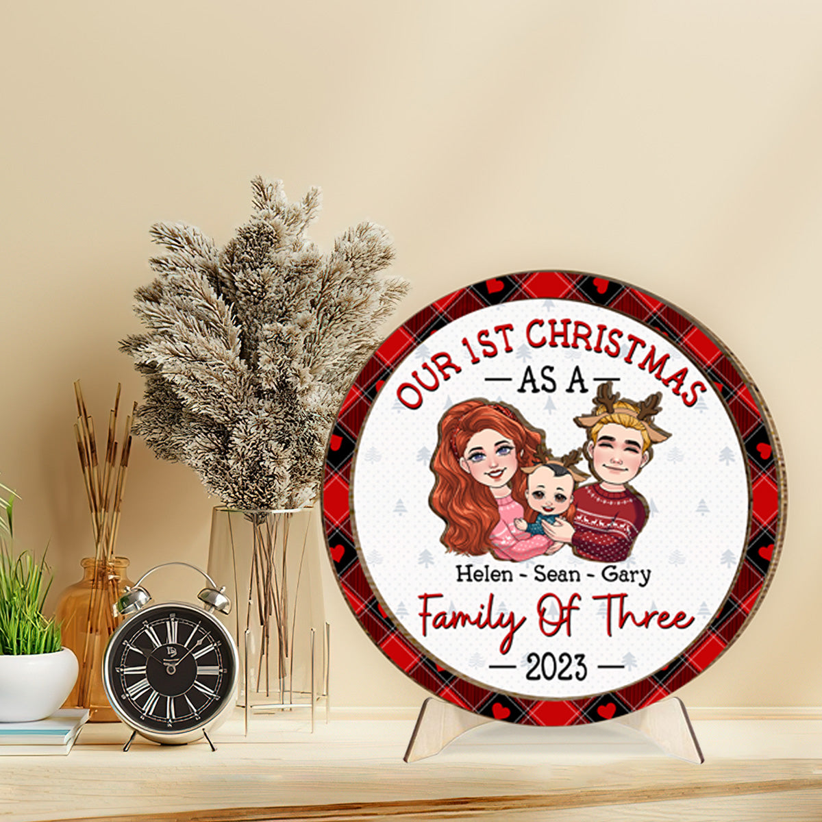 1St Christmas As Family Of Three - Gift for Newborn - Personalized 2 Layered Wood Sign / Wood Plaque