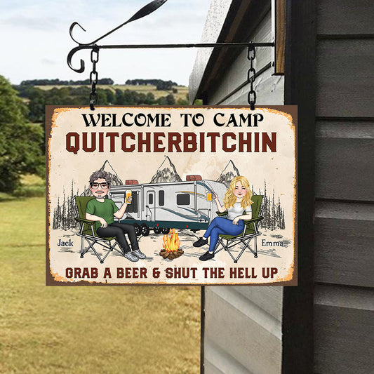 Bienvenue au Camp Quitcherbitchin - Panneau métallique rectangulaire personnalisé pour le camping