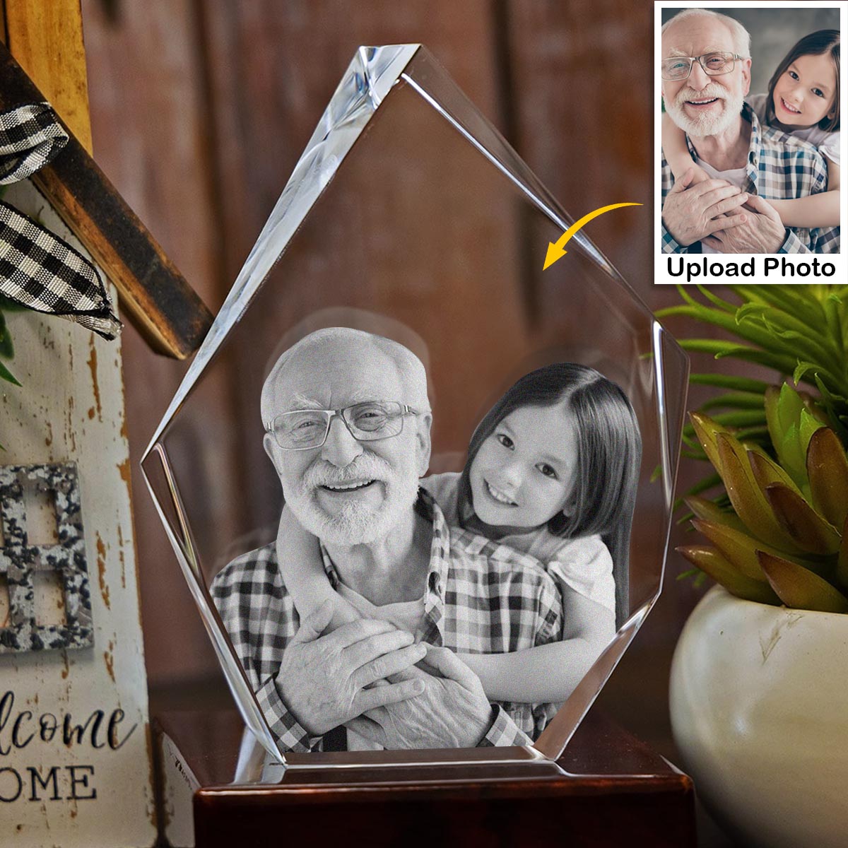 Lampe en cristal 3D en forme d'iceberg avec gravure laser personnalisée « Grand-père » et photo personnalisée