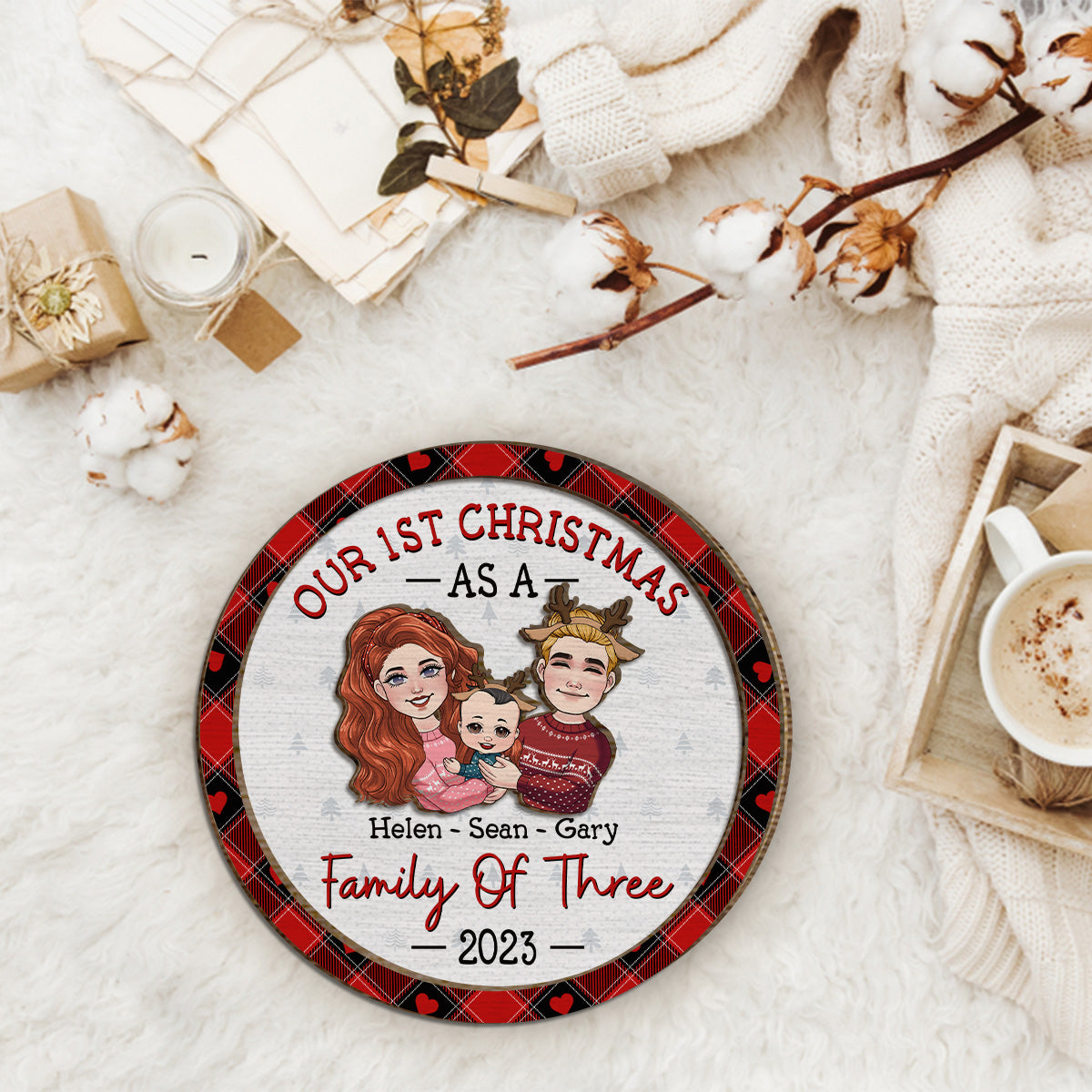 1St Christmas As Family Of Three - Gift for Newborn - Personalized 2 Layered Wood Sign / Wood Plaque