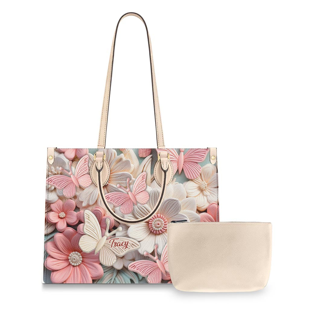 Papillons et fleurs - Sac à main en cuir personnalisé avec papillon