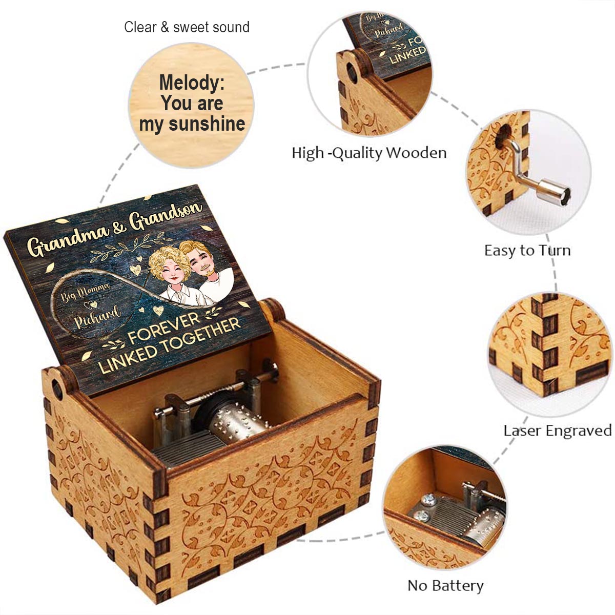 Side By Side - Gift for mom, grandma, daughter, son, granddaughter, grandson - Personalized Hand Crank Music Box