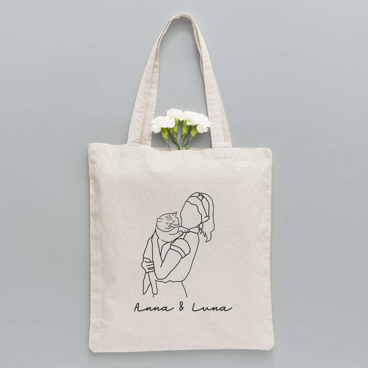 Sac fourre-tout brodé personnalisé avec photo au trait et motif chat