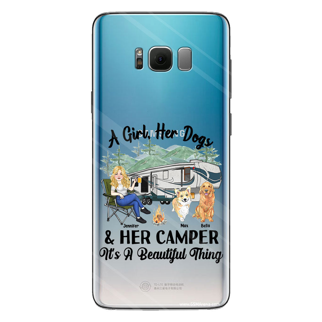 Une fille, son chien et sa caravane - Cadeau de camping pour les amoureux des chiens - Coque de téléphone transparente personnalisée